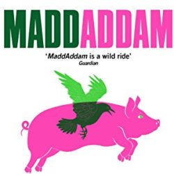 A detail from the front cover of Margaret Atwood's book Maddaddam, depicting a pink pig and a green bird